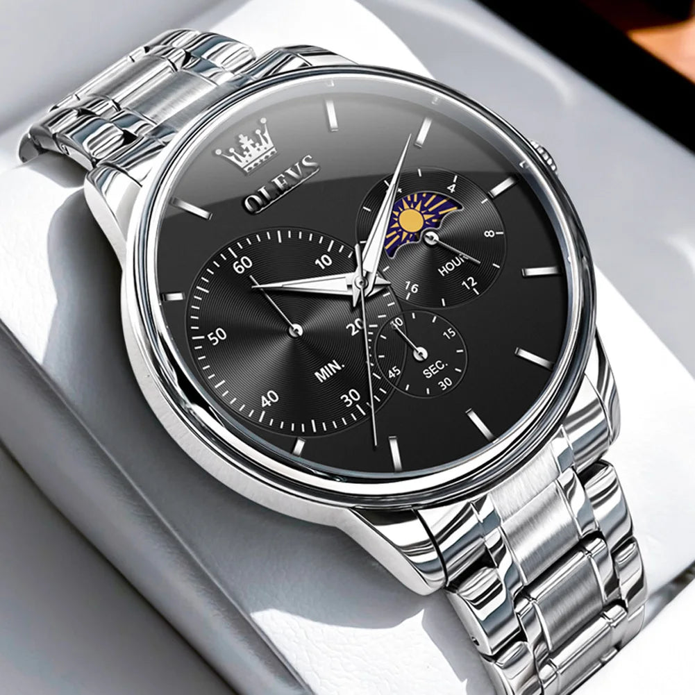 OLEVS Men's Watches Simple Casual Original Quartz Watch for Man Waterproof Stainleess Steel Luminous Moon Phase Chronograph 24H