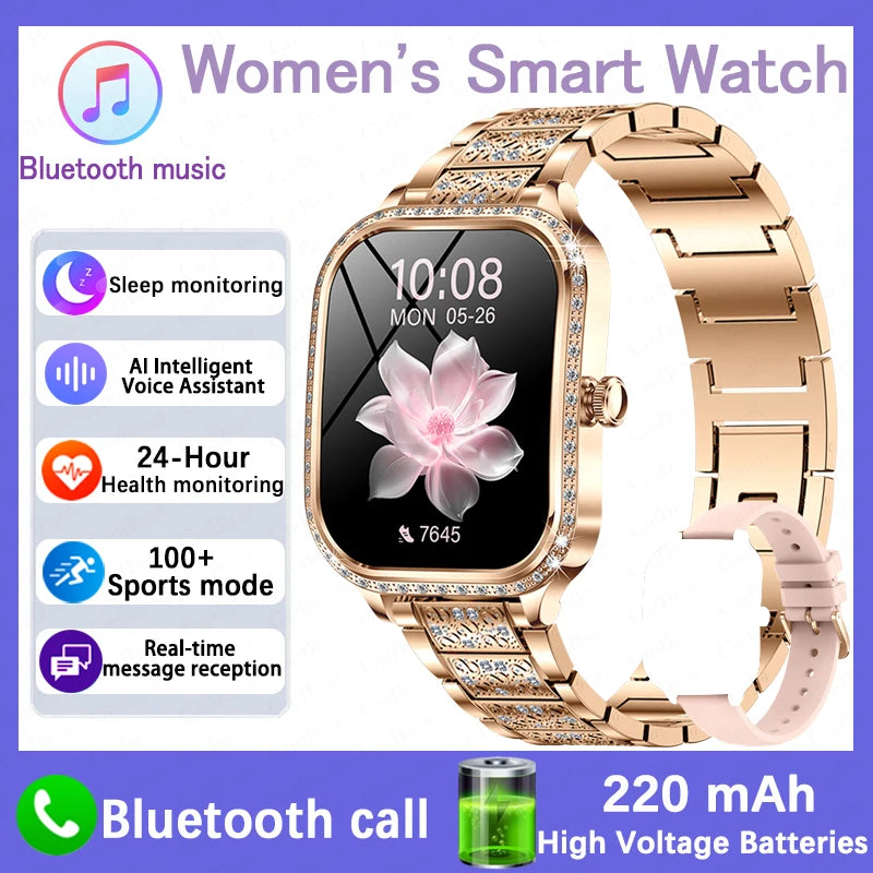 2026 New Fashion Women Diamond Smartwatch Heart Rate Blood Pressure Monitor Music Playback AI Voice Sports BT Calling SmartWatch
