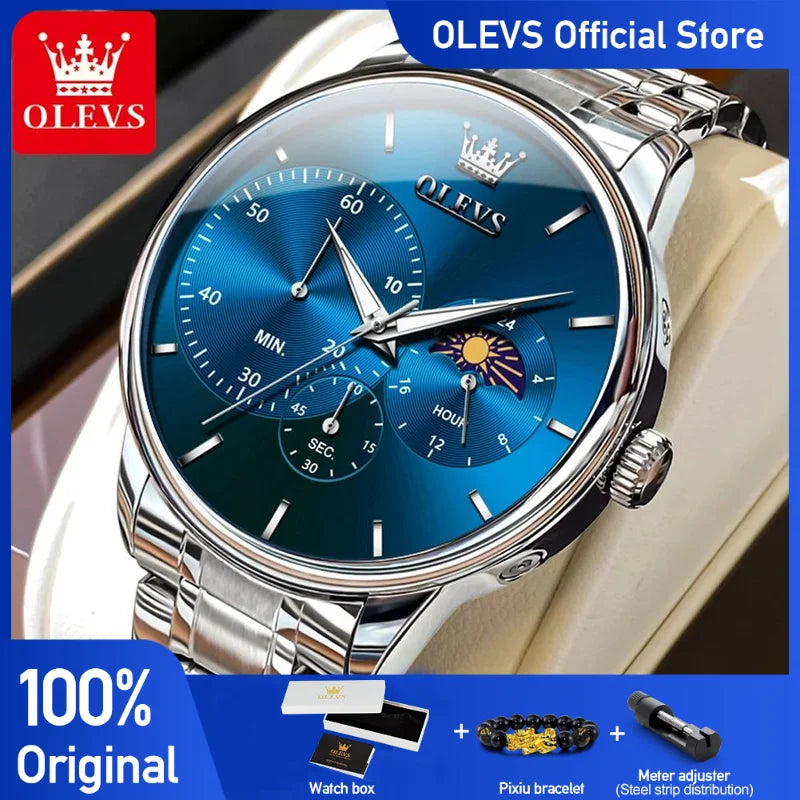 OLEVS Men's Watches Simple Casual Original Quartz Watch for Man Waterproof Stainleess Steel Luminous Moon Phase Chronograph 24H