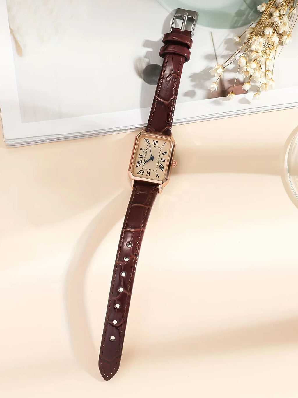 Casual Rectangle Pointer Quartz Watch Rome Fashion Analog Retro PU Leather Wrist Watch For Women Girls