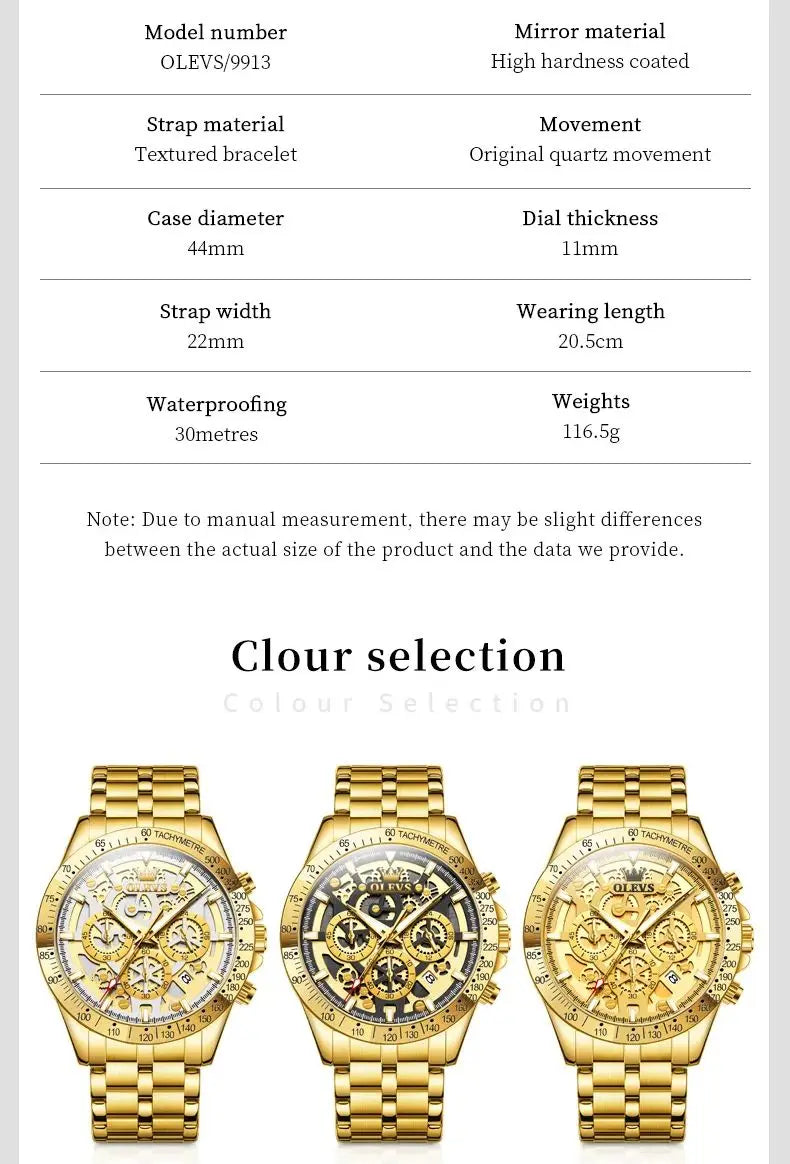 OLEVS 9913 Man Watches 44mm Big Dial Luxury Business Quartz Watch For Men Waterproof Luminous Chronograph Fashion Men Hand Clock