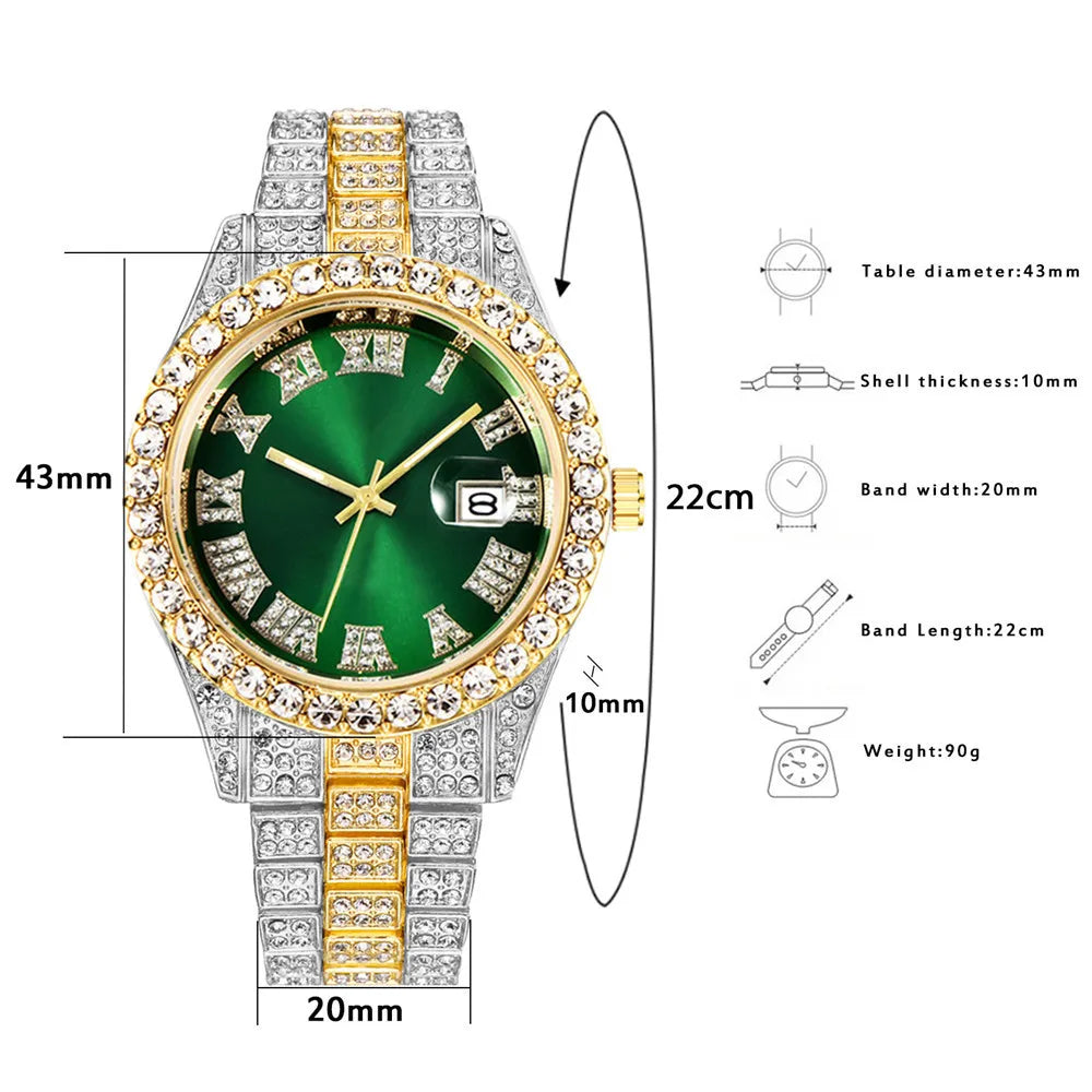 New Hip Hop Iced Out Men Watch Full Rhinestone Around Luxury Quartz Watches Round Clock Unisex Red Dial Wrist Watch Gift