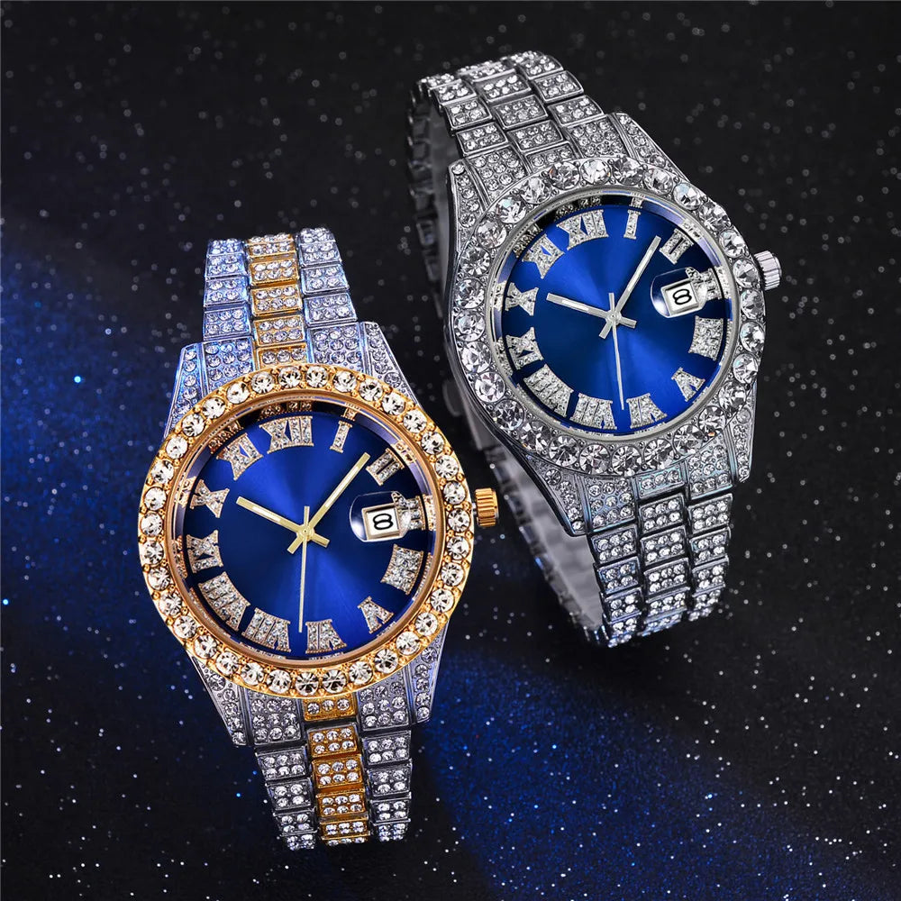 New Hip Hop Iced Out Men Watch Full Rhinestone Around Luxury Quartz Watches Round Clock Unisex Red Dial Wrist Watch Gift