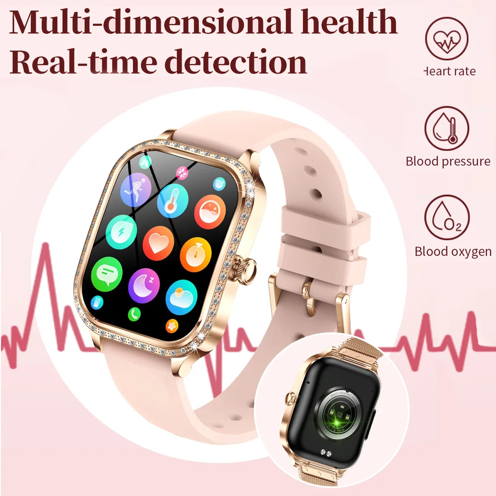 2026 New Fashion Women Diamond Smartwatch Heart Rate Blood Pressure Monitor Music Playback AI Voice Sports BT Calling SmartWatch