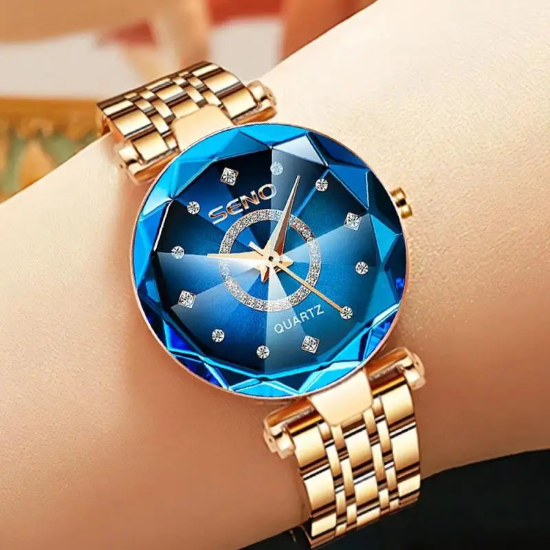 SENO Ocean Star Women Crystal Watch 2025 Top Brand Luxury Rose Gold Women Bracelet Watch For Ladies Wrist Watch Relogio Feminino