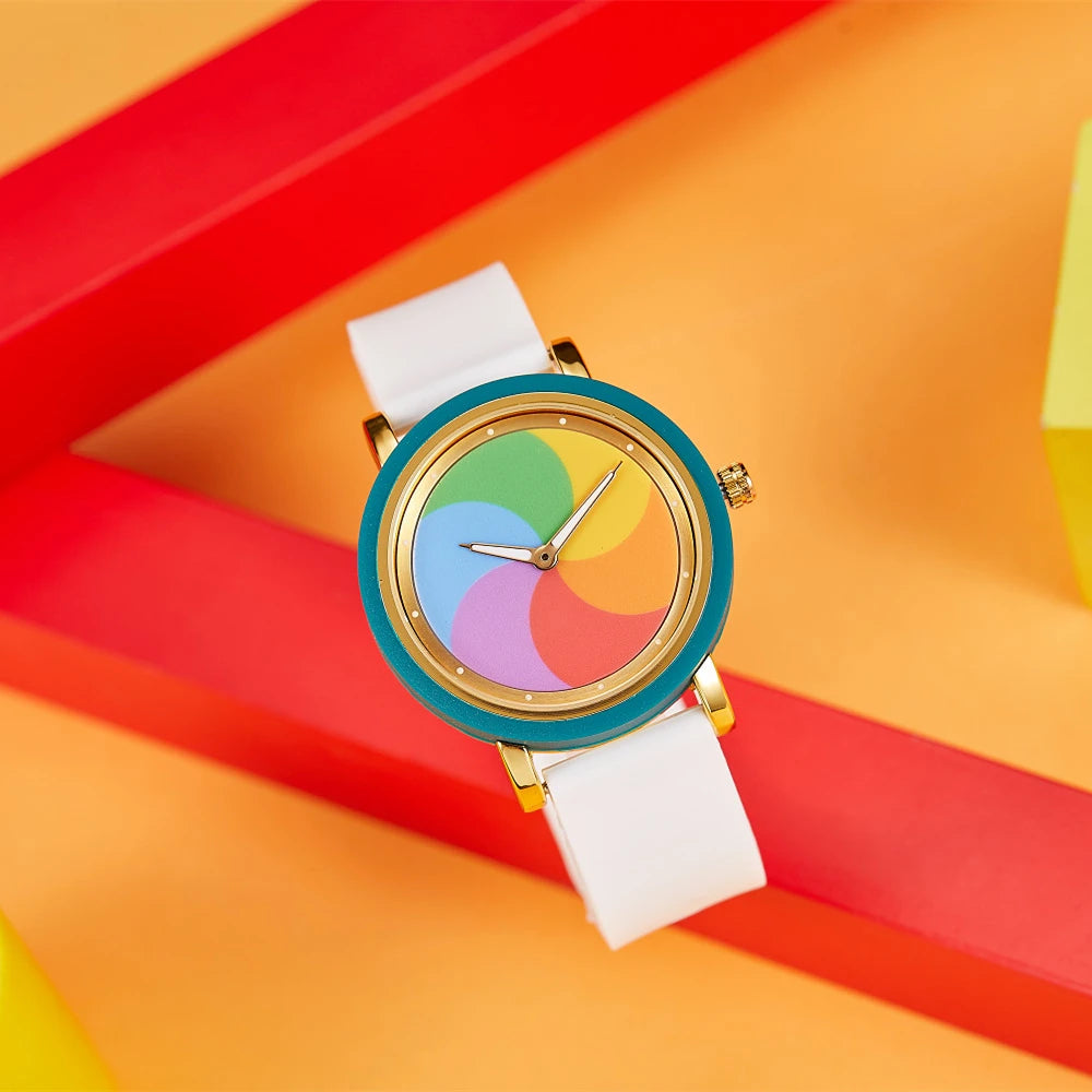 Personality leisure rainbow rotating dial silicone strap round quartz watch