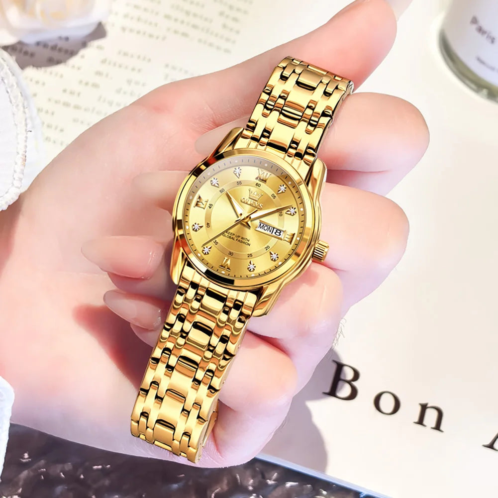 OLEVS Best Selling Fashion Stainless Steel Quartz Ladies Watch Luxury Dual Calendar Luminous Waterproof Elegant Watch for Women