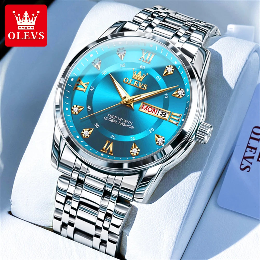 OLEVS Men's Watches Fashion Gold Original Quartz Watch for Man Stainless Steel Waterproof Luminous Wrist Watch Date Week Roman