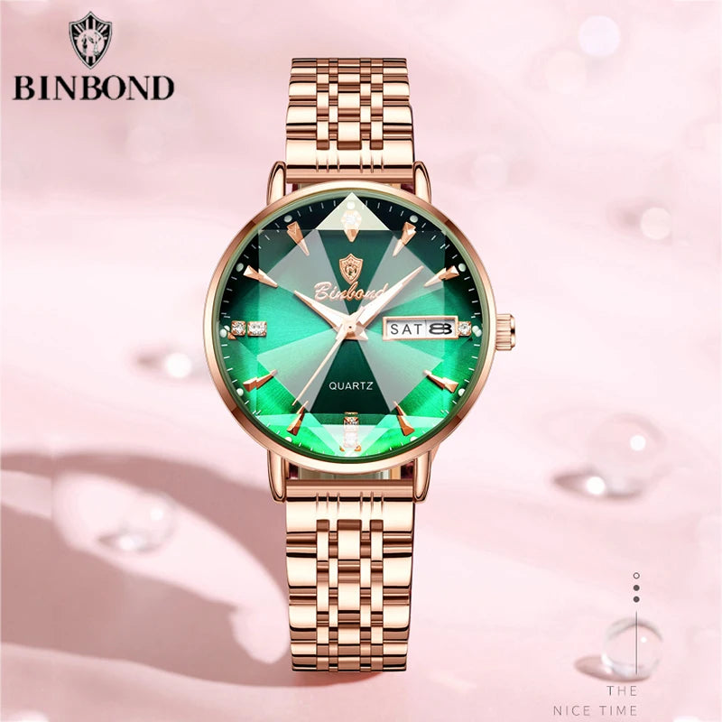 BINBOND New Women's Watch High Quality Elegant Jewelry Design Waterproof Quartz Watch Luxury Rose Gold Wmen's Watch Reloj Mujer