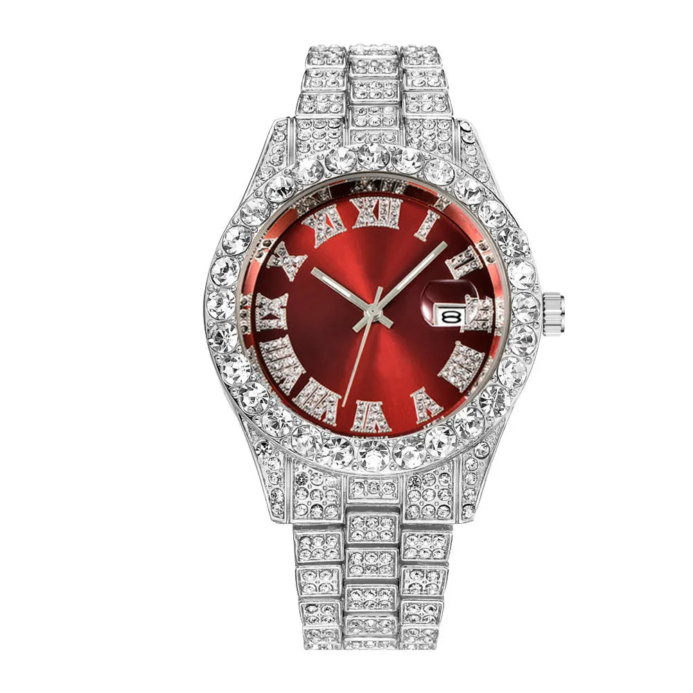 New Hip Hop Iced Out Men Watch Full Rhinestone Around Luxury Quartz Watches Round Clock Unisex Red Dial Wrist Watch Gift