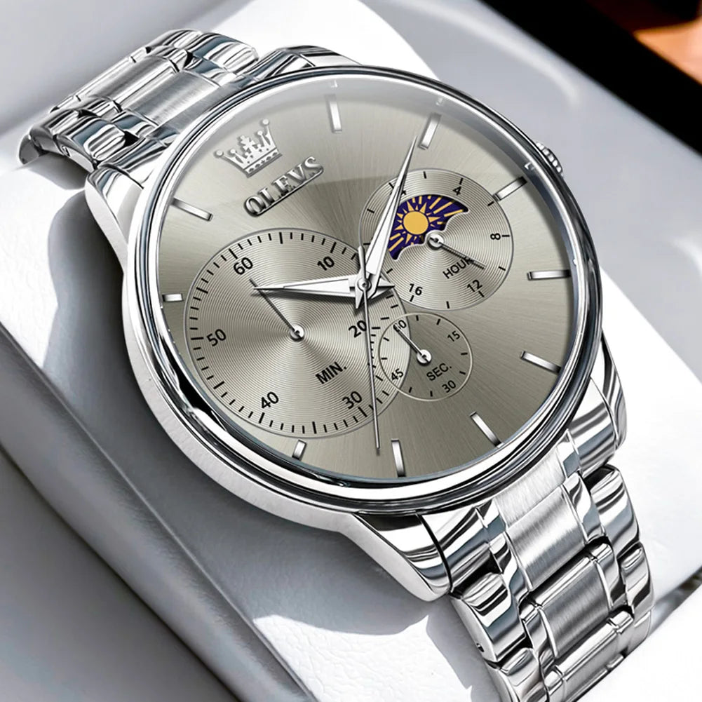 OLEVS Men's Watches Simple Casual Original Quartz Watch for Man Waterproof Stainleess Steel Luminous Moon Phase Chronograph 24H