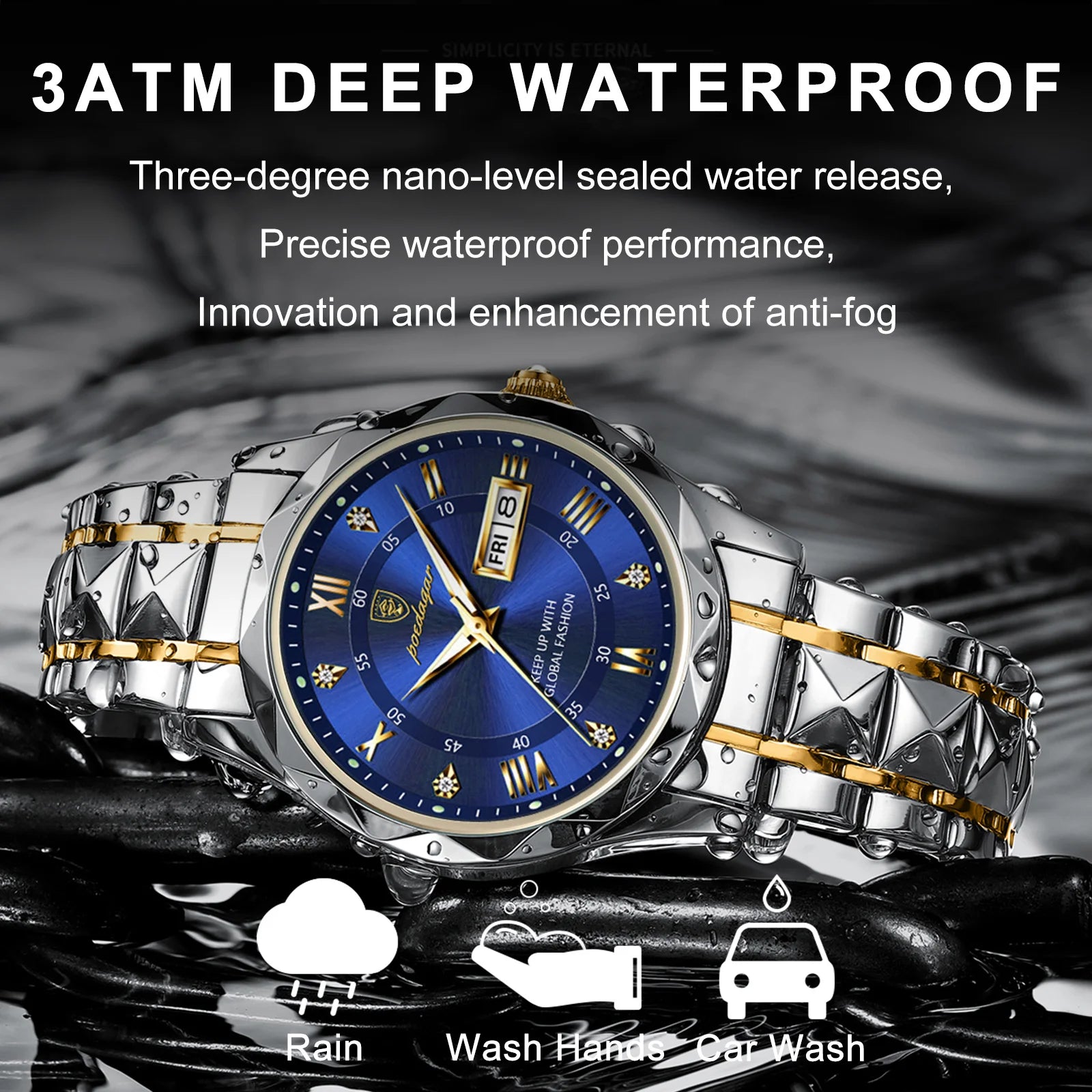 POEDAGAR Luxury Men Wristwatch Waterproof Luminous Date Week Watch For Man Stainless Steel Men's Watches Quartz Male Clock Sport