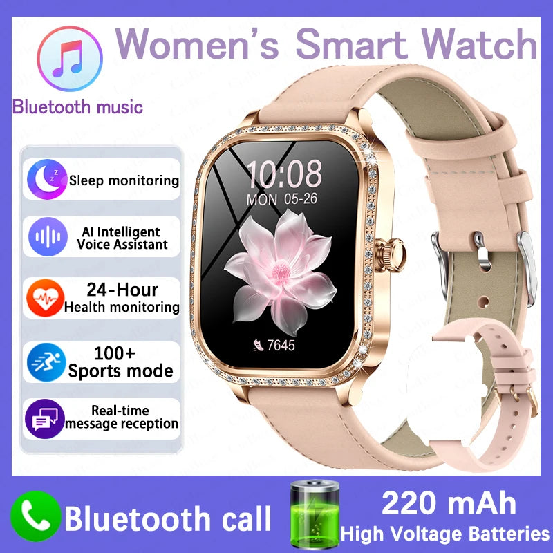 2026 New Fashion Women Diamond Smartwatch Heart Rate Blood Pressure Monitor Music Playback AI Voice Sports BT Calling SmartWatch