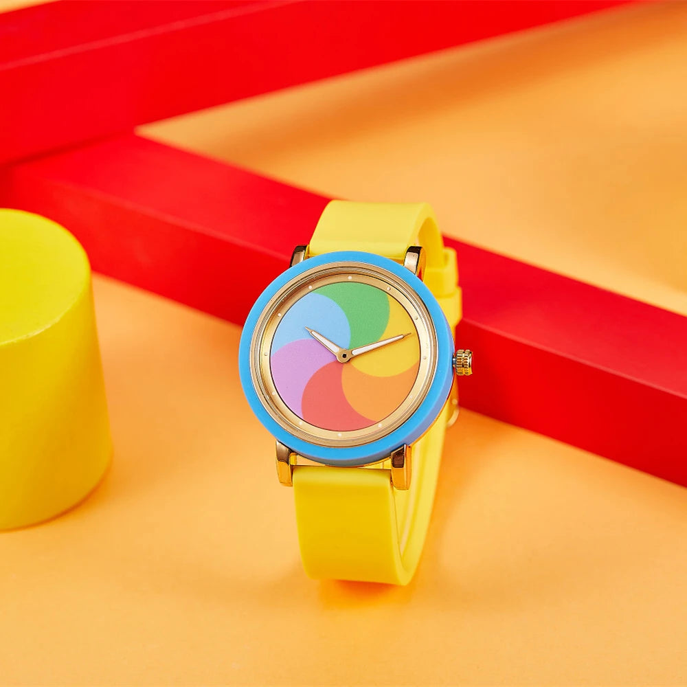 Personality leisure rainbow rotating dial silicone strap round quartz watch