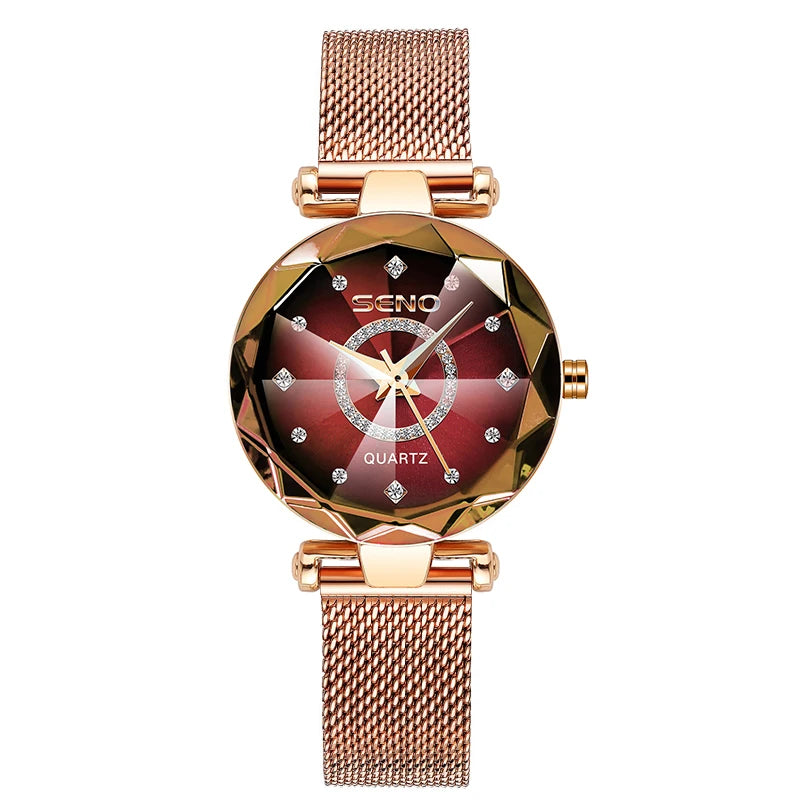 SENO Ocean Star Women Crystal Watch 2025 Top Brand Luxury Rose Gold Women Bracelet Watch For Ladies Wrist Watch Relogio Feminino
