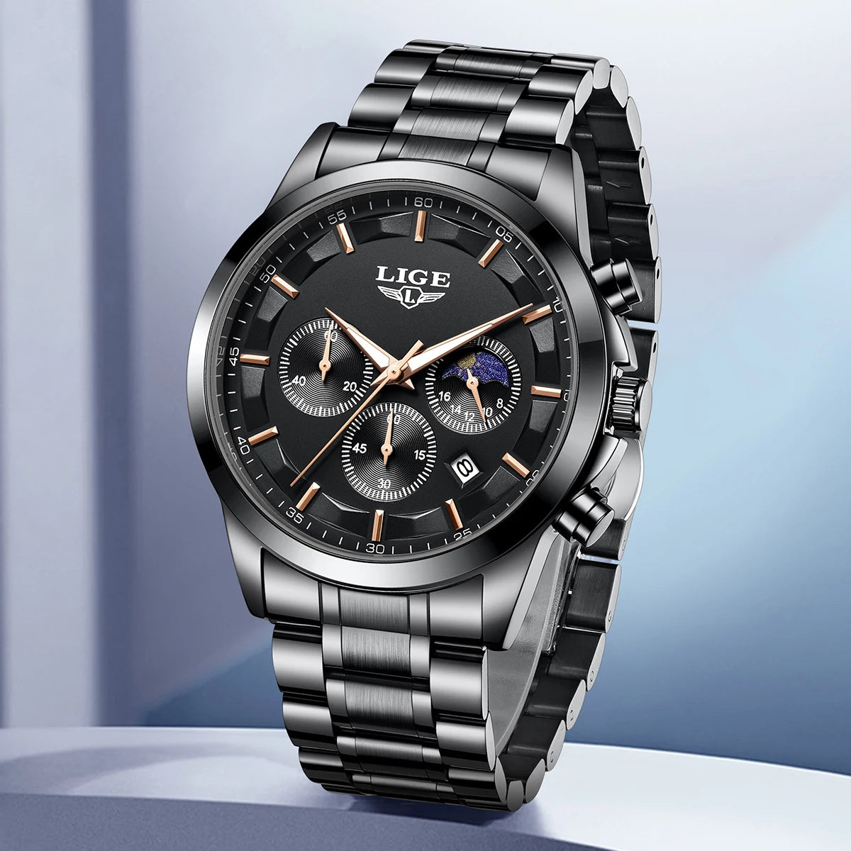 LIGE Top Brand Luxury Quartz Man Watch Classic Fashion Stainless Clock Moon Phase Auto Date Waterproof Watches Male Reloj Hombre