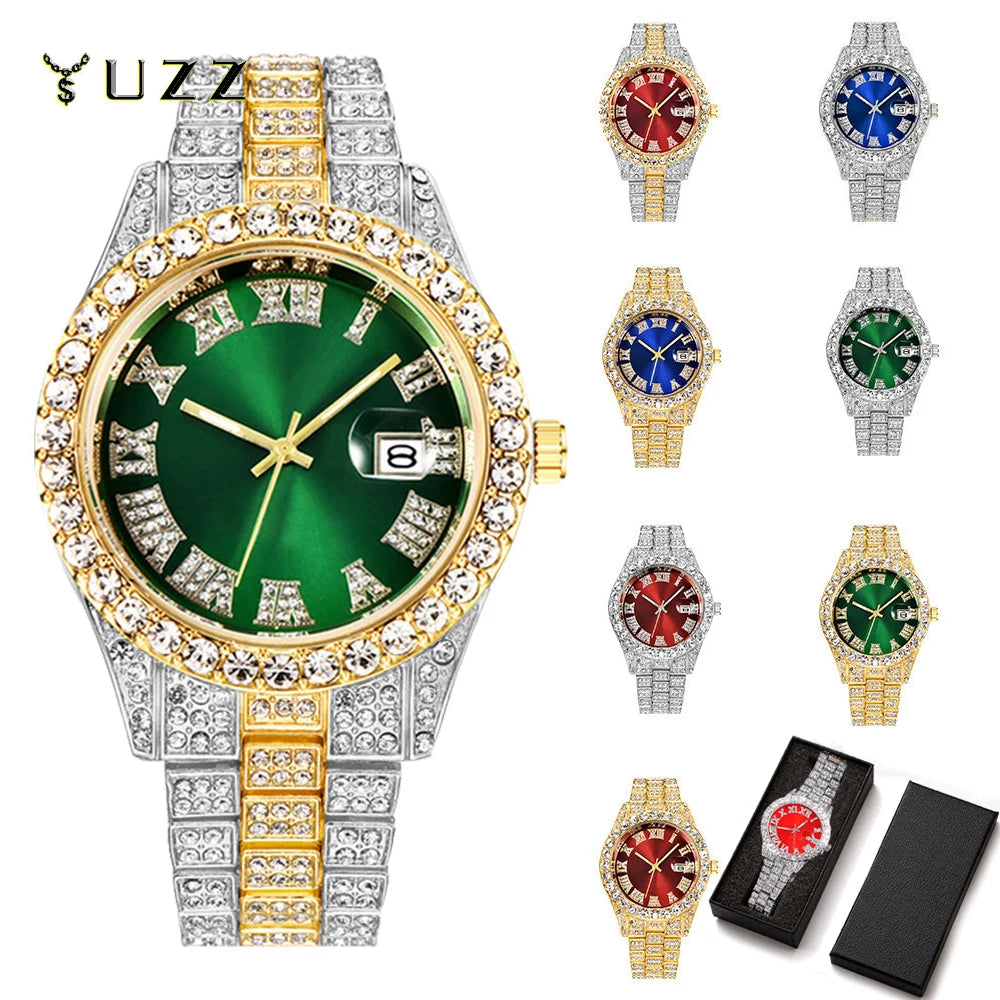 New Hip Hop Iced Out Men Watch Full Rhinestone Around Luxury Quartz Watches Round Clock Unisex Red Dial Wrist Watch Gift