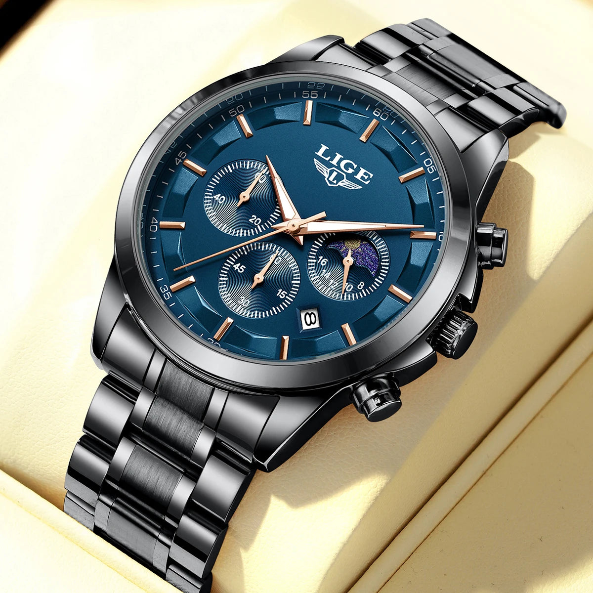 LIGE Top Brand Luxury Quartz Man Watch Classic Fashion Stainless Clock Moon Phase Auto Date Waterproof Watches Male Reloj Hombre